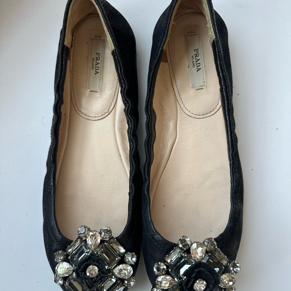Prada Black Flats with Crystal Embellishments
